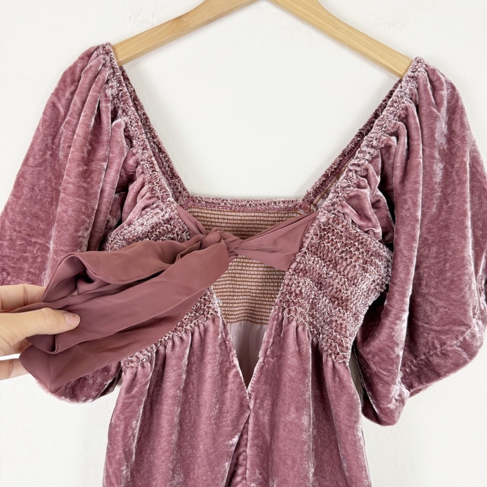 Free People Easy To Love Mini Dress Pink Velvet Smocked Bow Fairy Babydoll - Picture 7 of 11